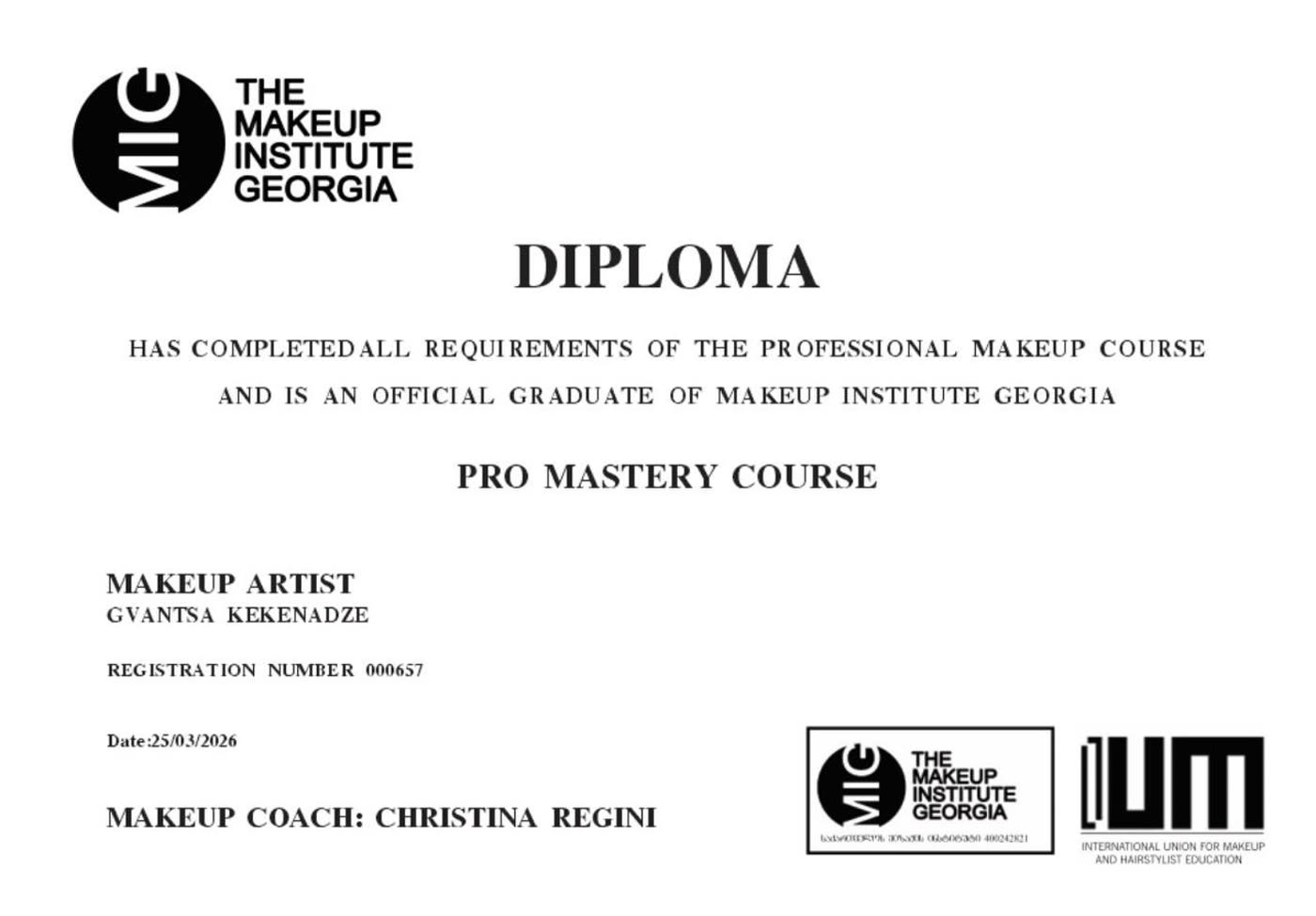 The Makeup Institute Georgia-ის დიპლომი — Pro Mastery Course