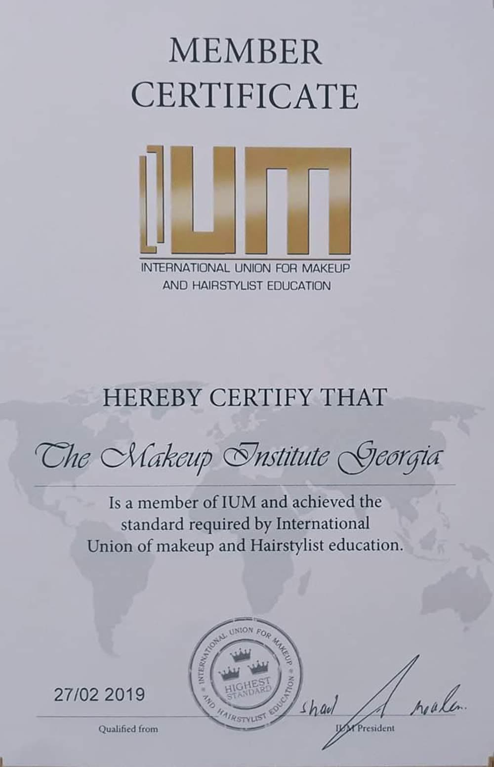 International Union for Makeup and Hairstylist Education-ის წევრობის სერტიფიკატი